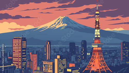Cityscape at Sunset with Mountain and Tower Urban Landscape Evening View Vector Illustration.