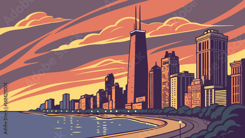 Cityscape at Sunset Urban Skyline Waterfront View Modern Architecture Evening City Illustrated City Vector Art Coastal City Sunset City Beachfront City Urban Landscape Evening Scene City Buildings Hi.