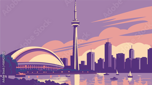 Cityscape illustration urban skyline at sunset stylized artwork vector graphic buildings tower water boats cityscape panorama modern city architectural design evening scene purple and orange colors i.