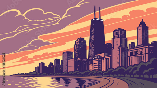 Cityscape at Sunset Urban Skyline Waterfront View Vector Illustration.