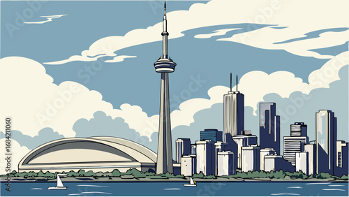 Cityscape illustration urban skyline with tall buildings tower and water modern city design architectural drawing summer sky with clouds boats on water graphic design vector art cityscape poster urba.
