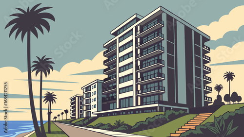 Coastal Apartment Buildings Ocean View Palm Trees Summer Vacation Tropical Paradise Architecture Illustration.