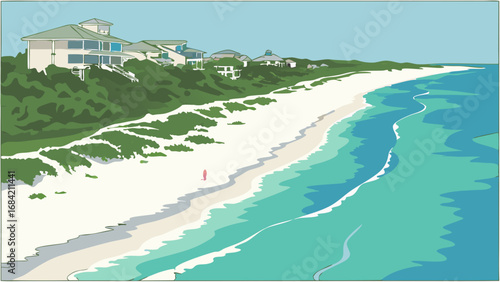 Coastal Beach Scene with Houses and Single Person Walking on Sand.