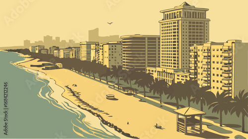 Coastal Cityscape Beachfront Buildings Palm Trees Ocean View Illustration.