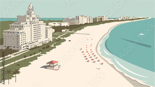 Coastal Cityscape Beachfront View with Hotel and Umbrellas.