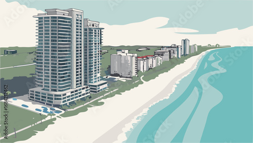 Coastal Cityscape High-Rise Buildings Ocean View Beachfront Property Illustration.