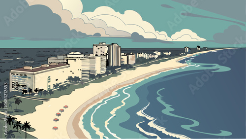 Coastal Cityscape Beachfront Buildings Ocean View Summer Vacation Tropical Paradise Artistic Illustration.