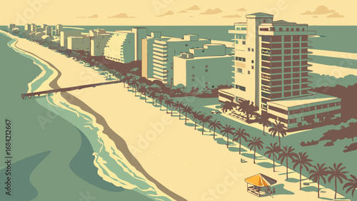 Coastal Cityscape Beachfront Buildings Ocean View Tropical Paradise Summer Vacation Illustration.