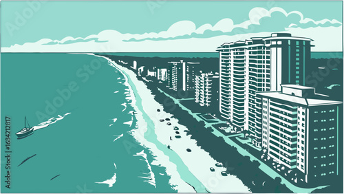 Coastal Cityscape Ocean View Beachfront Buildings Summer Vacation Aerial View Illustration.