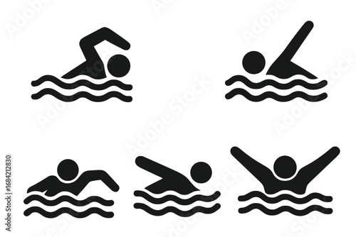 Swimming strokes icon set. Freestyle, crawl, backstroke, breaststroke, butterfly styles. Swimmer stick figure pictogram collection. Water sport athlete symbol for pool race.
