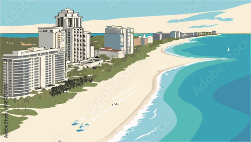 Coastal Cityscape Oceanfront Buildings Beach View Summer Vacation Tropical Paradise Aerial Perspective High-Rise Condos Turquoise Water Sandy Beach Holiday Destination Relaxing Scene Waterfront Prope.