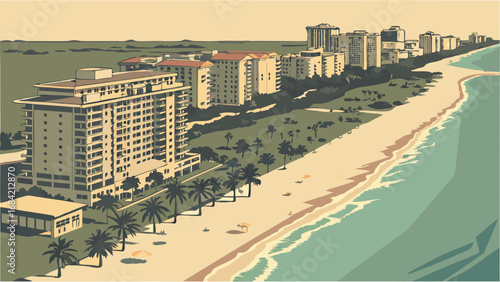Coastal Cityscape Oceanfront Buildings Tropical Beach Scene Summer Vacation Aerial View Illustration.