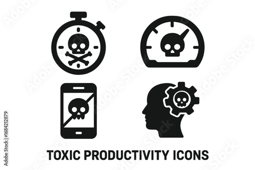 Toxic productivity icon set. Concepts of burnout, stress, overwork, and hustle culture. Icons for deadline pressure, mental exhaustion, digital detox, and work-life imbalance.