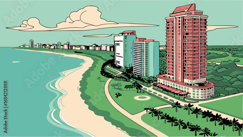 Coastal Cityscape Oceanfront Buildings Tropical Beach Summer Vacation Illustration High-Rise Architecture Skyline View Palm Trees Seaside Resort Aerial Perspective Artistic Rendering Tourist Destinat.