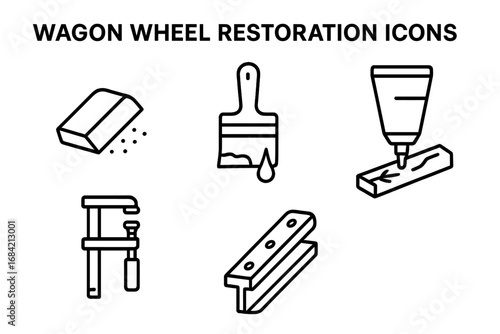 Woodworking and furniture restoration line icon set. Carpentry tools for repair and DIY projects. Vector symbols for sanding, painting, gluing, and clamping.