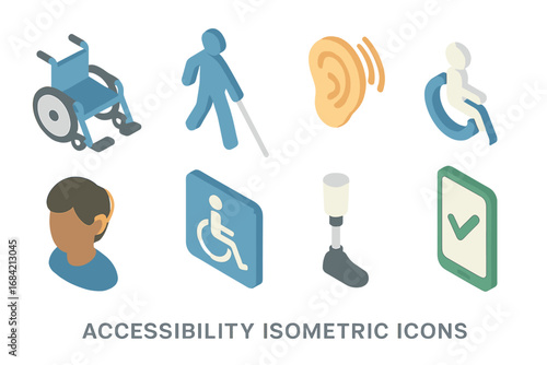 Accessibility isometric icons set. Disabled access, inclusive design concept. Vector collection with wheelchair, blind person, hearing aid, prosthetic leg, special needs symbols.