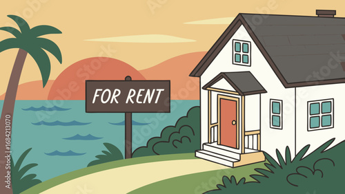 Coastal Cottage for Rent Ocean View House Illustration.