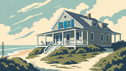 Coastal Cottage by the Ocean Summer House Beachfront Property Seaside Vacation Home Illustration.