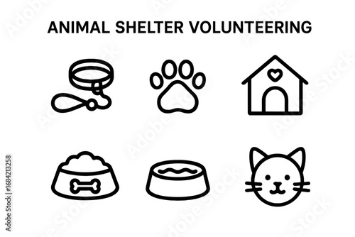Animal shelter volunteering outline icon set. Pet care, adoption and rescue concept. Vector icons of dog, cat, leash, paw print, kennel, food and water bowl for web and apps.
