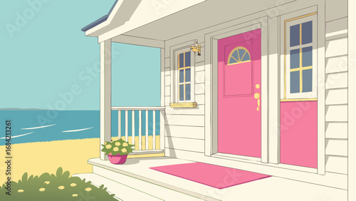 Coastal Cottage House Front Porch, Summer Vacation Home Exterior