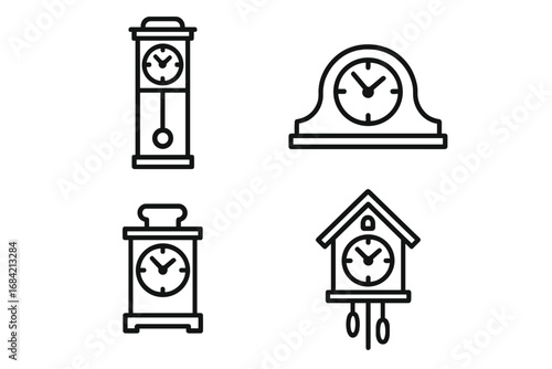 Antique clock icon set. Outline vector collection. Vintage timepieces. Grandfather clock. Mantel clock. Carriage clock. Cuckoo clock. Linear symbol. Classic retro design. Time.