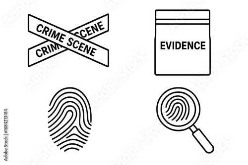 Crime scene investigation line icon set. Forensic science vector symbols. Includes police tape, evidence bag, fingerprint and magnifying glass. Detective work, law and justice concept.