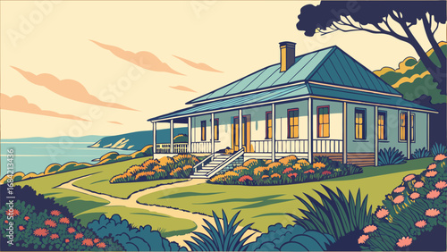 Coastal Cottage House Ocean View Summer Home Seaside Landscape Illustration House by the Sea Nature Scene Garden Flowers Path Tranquil Setting Relaxing View Vacation Home Dream House Summer Vacation .