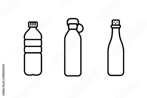 Bottle icon set vector. Collection of line art water bottles. Plastic, reusable stainless steel, and glass bottle illustration. Simple outline symbols for hydration, drinks, and eco-friendly concepts.
