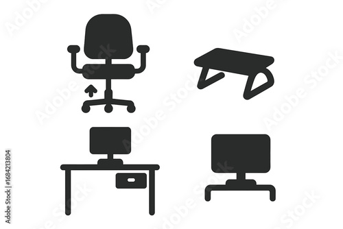 Ergonomic office desk solid icon set. Vector glyph pictograms of adjustable chair, footrest, and monitor stand. Workplace furniture for correct posture, health, and comfort.