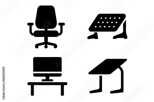 Ergonomic office furniture icon set. Solid glyph icons of adjustable chair, standing desk, footrest, and monitor stand. Workplace ergonomics and posture concept vector.