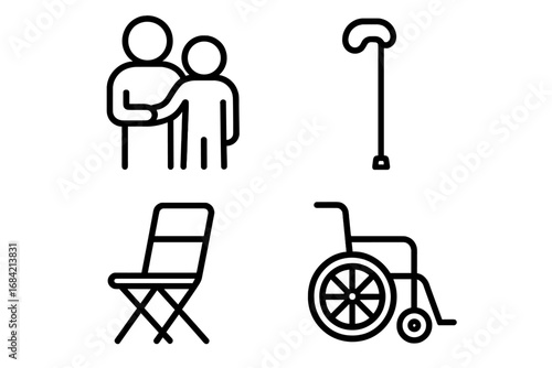 Caregiver and disability support icon set. Vector outline icons for elder care, medical assistance, walking cane, wheelchair, and mobility aid. Accessibility concept design.