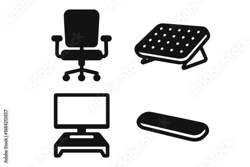 Ergonomic office solid icon set. Vector glyphs for correct posture & workplace wellness. Adjustable chair, footrest, monitor stand, and wrist rest for a healthy setup.
