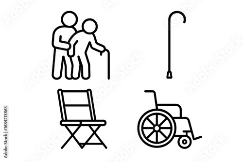 Caregiver icon set for elderly assistance and support. Outline vector icons of a nurse helping a senior, walking cane, folding chair, and wheelchair for disabled people. Medical help.