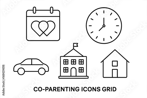 Co-parenting outline icon set for shared custody schedule. Vector icons of calendar, clock, car, school, and home for family law, divorce, and parenting plan concepts.