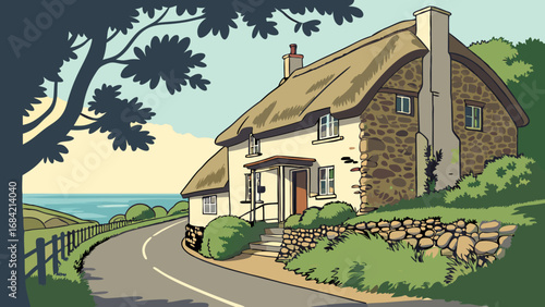 Coastal Cottage Thatched Roof House Ocean View Winding Road Countryside Illustration Idyllic Scene Rural Home Seaside Cottage Vacation Home Travel Poster Summer Vacation House Illustration Architectu.