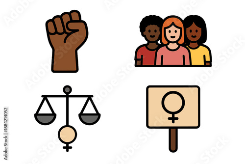 Feminism and racial equality icon set. Raised fist, diverse women for unity, gender justice scales, and protest sign. Vector for women's rights, social justice, and solidarity.