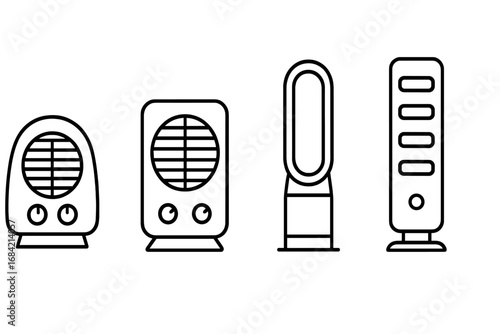 Fan and heater line icon set. Outline vector symbols of personal comfort fans, tabletop heater, floor fan, bladeless heater and tower fan for climate and temperature control.