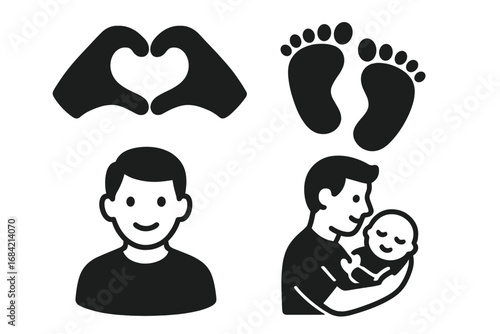 Fatherhood and parenting solid icon set. Vector symbols for Father's Day. Includes a man holding a newborn baby, hands forming a heart shape, and tiny baby footprints.