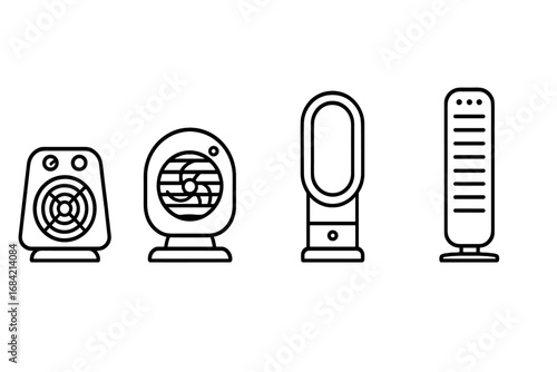 Heater and fan icon set. Outline vector icons of personal comfort appliances. Collection includes tabletop heater, floor fan, bladeless cooler, and tower climate control unit.