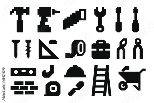 Construction tools icon set in solid pixel art style. Black 8-bit silhouettes for DIY, building, and repair projects. Vector essentials pack with hammer, drill, saw, and wrench.
