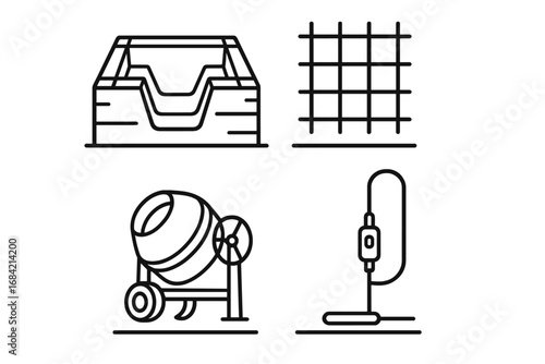 Foundation construction icons set. Outline symbols of footing formwork, rebar cage, concrete mixer, and vibratory poker. Building process, reinforcement, groundwork vector icons.