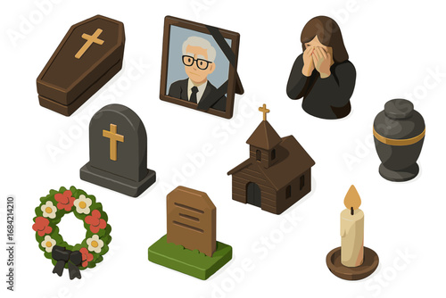 Funeral and memorial isometric 3d icons set. Remembrance ceremony symbols collection with coffin, urn, gravestone, church, crying person, candle and wreath for death concept.