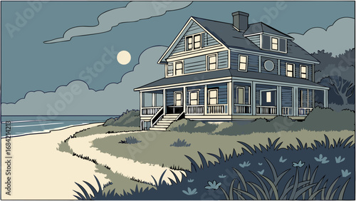 Coastal House at Night Beachfront Property Ocean View Seaside Cottage Summer Vacation Home Night Scene Calm Sea Moonlit Night Illustrated Home Artistic House Dream Home Evening at the Beach Tranquil .