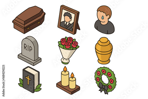 Funeral and memorial isometric icon set. Vector symbols for death, burial, and remembrance ceremony. Includes 3D coffin, tombstone, urn, wreath, portrait, and bible.