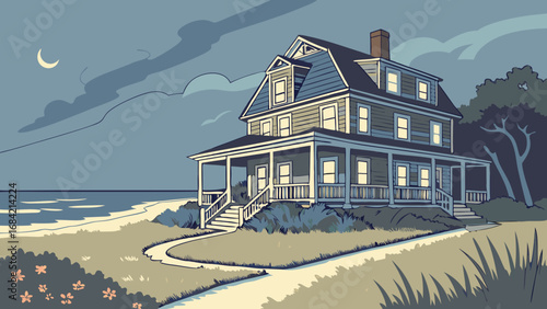 Coastal House at Night Ocean View Summer Home Night Scene Illustration.
