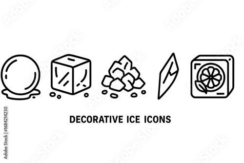 Vector line icon set decorative ice types for cocktails. Includes ice sphere, clear cube, crushed ice, shard, and fruit-infused ice. Beverage and bar garnish.
