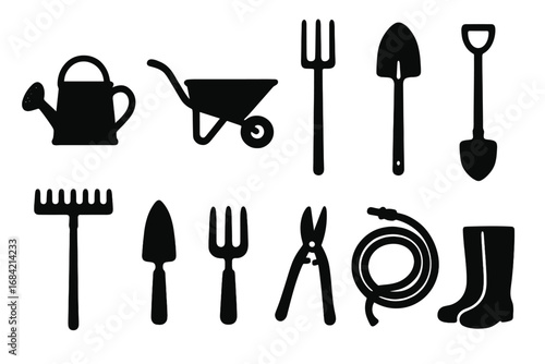 Gardening tools silhouette icon set. Black vector graphic collection of essential garden equipment. Includes shovel, rake, wheelbarrow, watering can for farming or hobby.