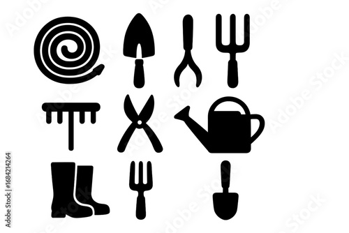 Gardening tools silhouette icon set. Vector collection of essential garden equipment like shovel, rake, fork, hose, and watering can. Agriculture and horticulture graphic symbols.