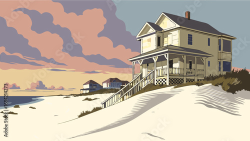 Coastal House at Sunset Beachfront Property Ocean View Summer Vacation Home Illustration.