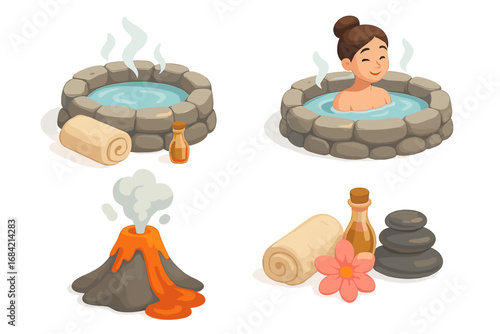 Geothermal hot springs vector icons set for spa and wellness. Woman relaxing in natural bath, volcano, zen stones, and aromatherapy oil. Cartoon 3D illustration for relaxation concept.